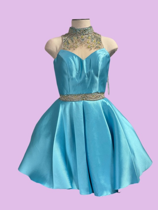 Juliet Dresses & Skirts - Aqua Blue Embellished High-Neck Short Prom Dress